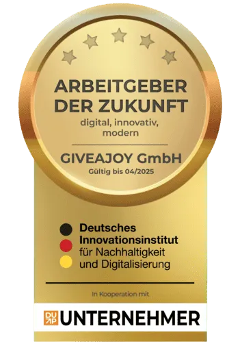 Goldenes Siegel Arbeitgeber der Zukunft für GIVEAJOY GmbH, gültig bis 04/2025 vom Deutschen Innovationsinstitut.