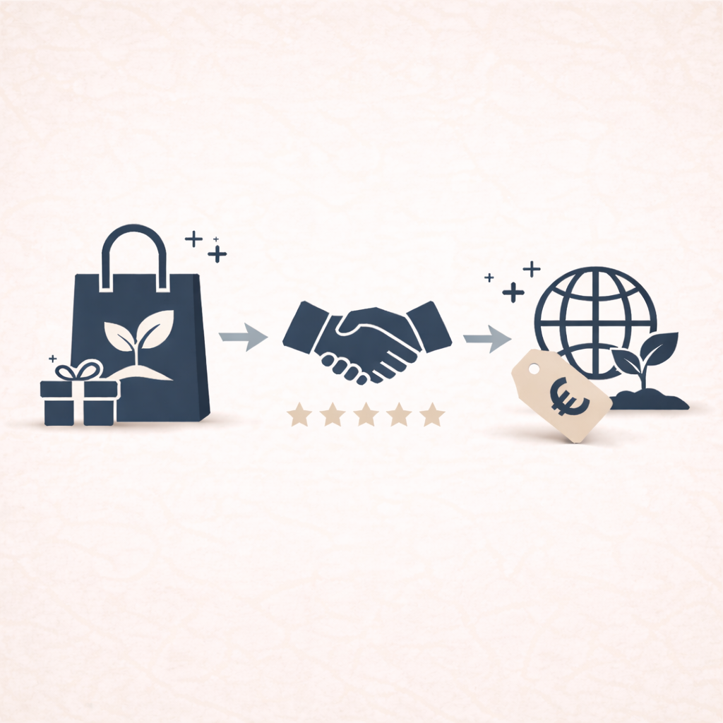 Illustration eines nachhaltigen Einkaufsvorgangs mit Geschenk, Handschlag und globalem Umweltsymbol mit Euro-Preisschild.