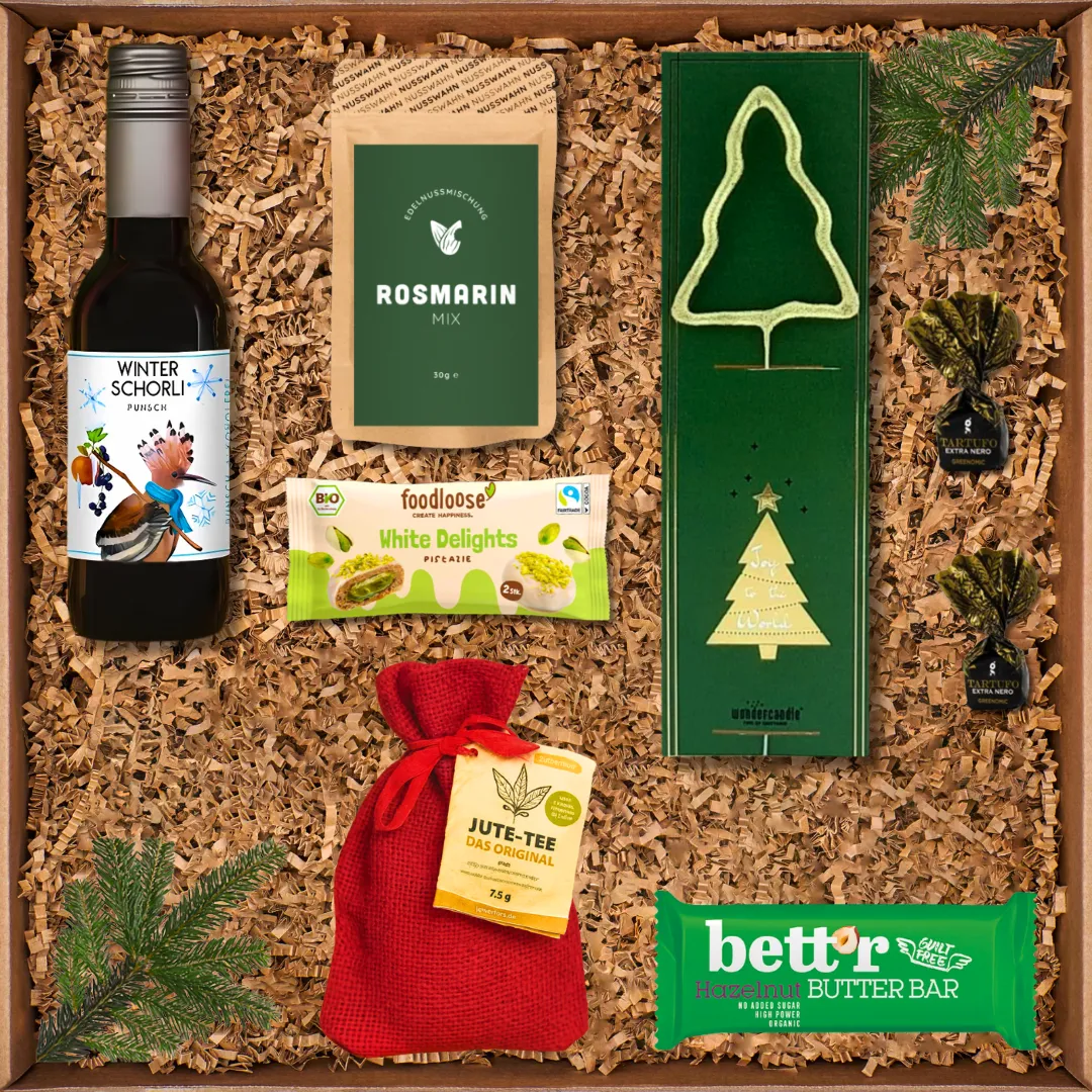 Weihnachtsgeschenk mit Winter Schorli Punsch, Rosmarin Mix, White Delights, Jute-Tee, Schokolade und Pralinen.