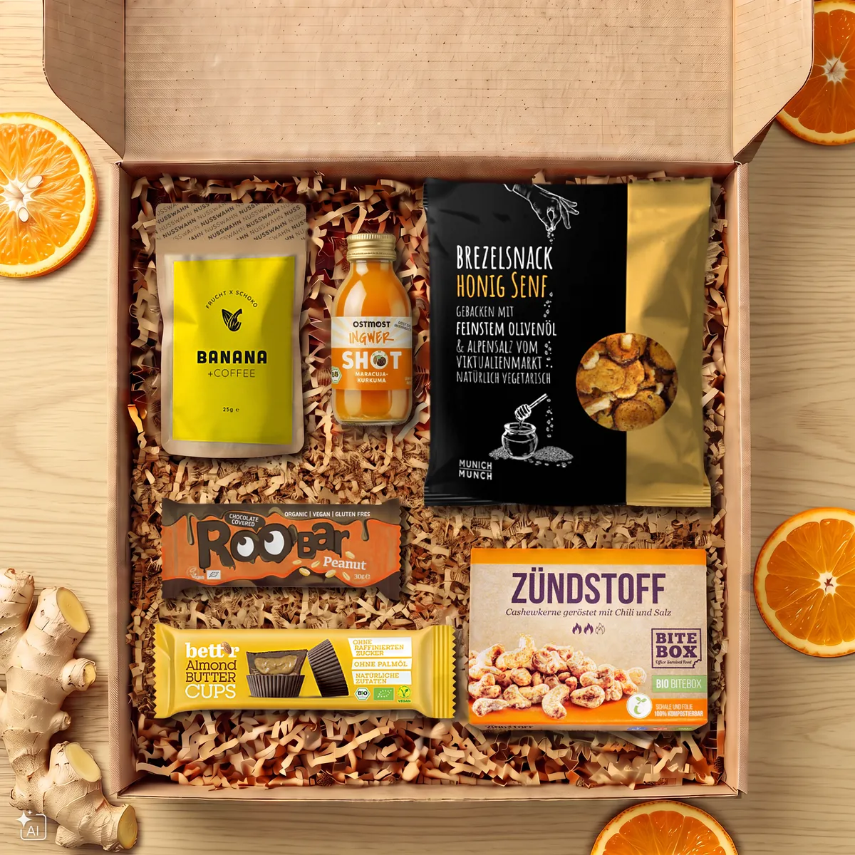 Geschenkbox mit Bananen-Kaffee, Ostmost Ingwer-Shot, bett'r Almond Butter Cups, Roobar Peanut, Brezelsnack Honig Senf und Zündstoff Cashews.