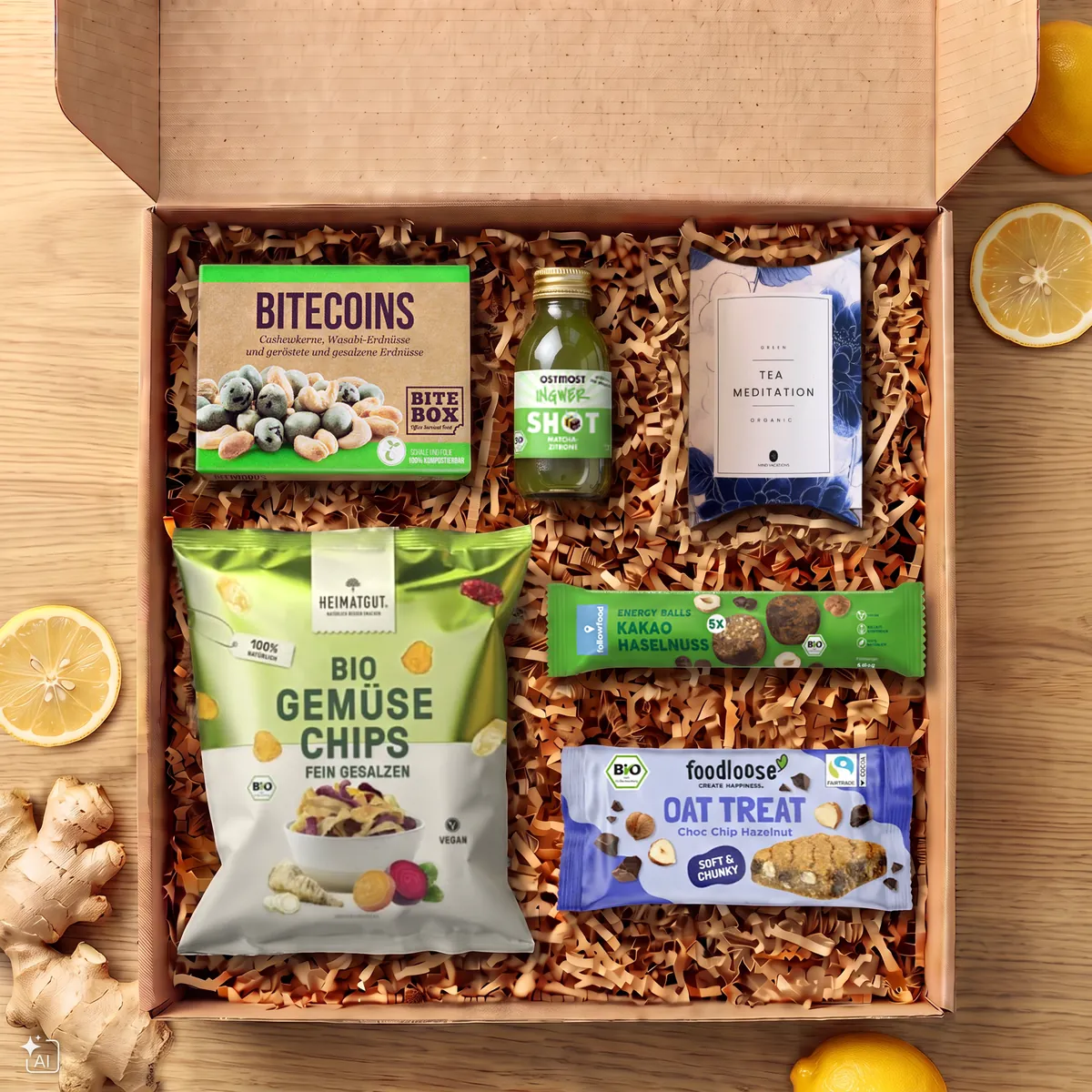 Offene Geschenkbox von oben mit Bitecoins Cashew-Wasabi-Nüssen, Ingwer-Shot, Tee Meditation, Energy Balls Kakao Haselnuss, Bio Gemüse Chips und foodloose Oat Treat.