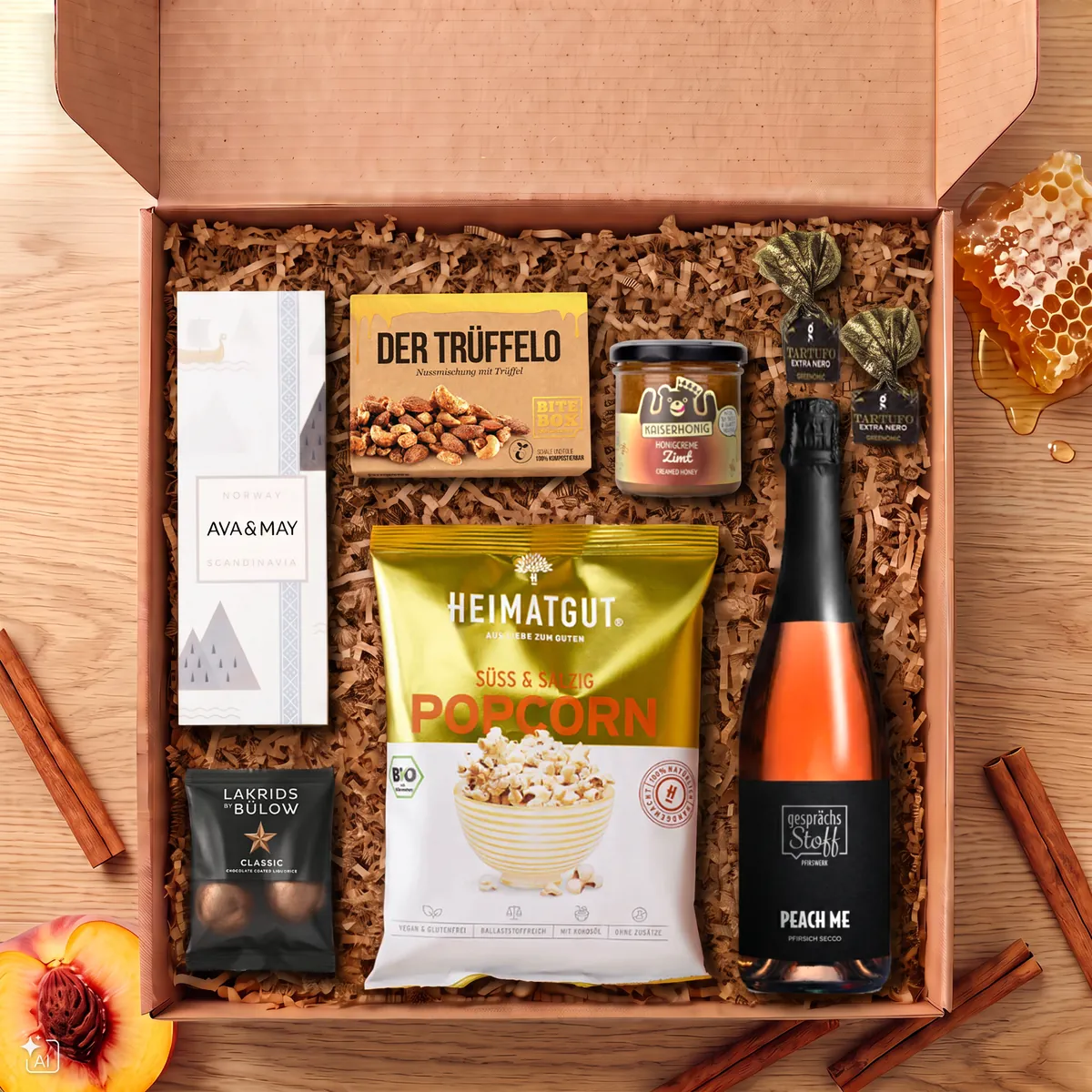 Geschenkbox mit Peach Me Sparkling Wine, Ava & May Schokolade, Der Trüffelo Nussmischung, Kaiserhonig Zimt, Heimatgut Popcorn, Lakrids Classic und Tartufo-Pralinen.