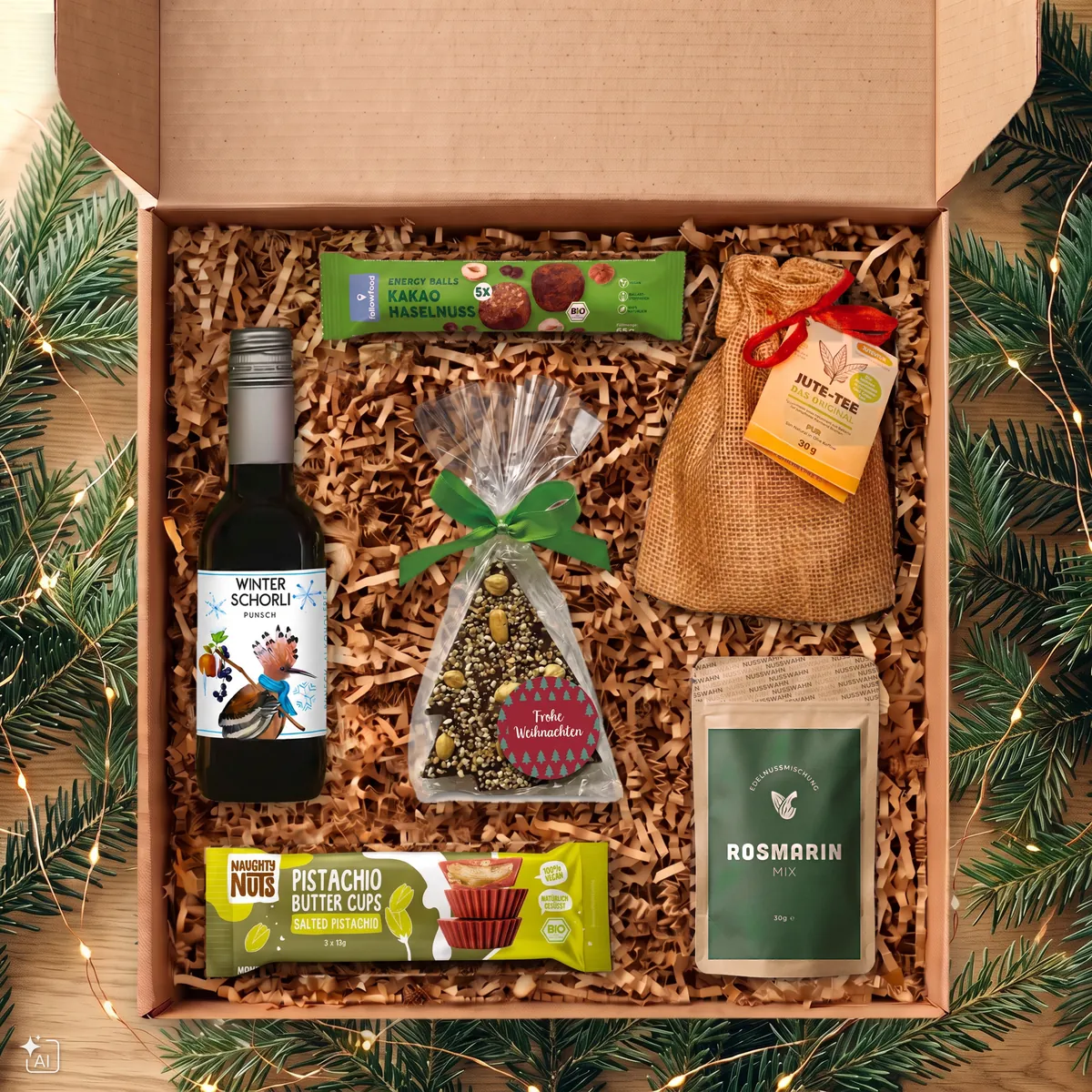 GIVEAJOY-Weihnachtsbox mit alkoholfreiem Winter Schorli Punsch, Schokoladen-Tannenbaum, Rosmarin Mix, Jute-Tee, Pistachio Butter Cups und Energy Balls Kakao Haselnuss.
