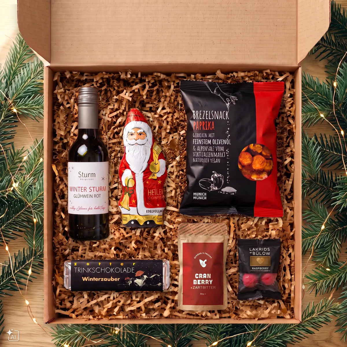 GIVEAJOY-Weihnachtsbox mit Winter Sturm Glühwein Rot, Cranberry-Zartbitter, Schokoweihnachtsmann, Brezelsnack Paprika, Trinkschokolade Winterzauber und Lakrids Raspberry.
