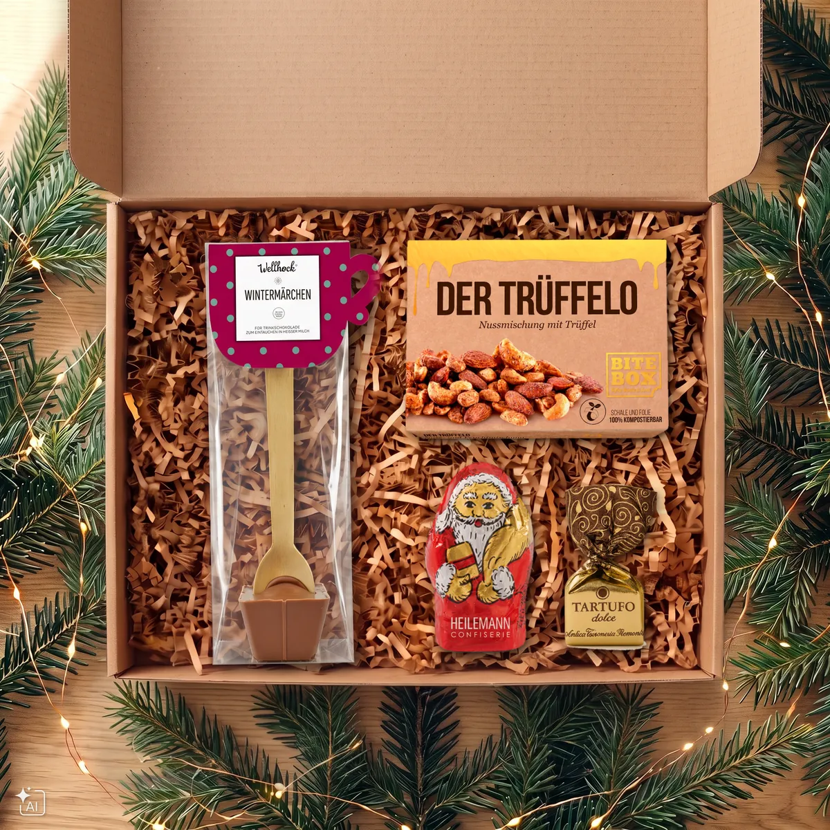 Weihnachtswichtel-Box mit Trinkschokolade am Löffel „Wintermärchen“, Schokoweihnachtsmann, Tartufo-Praline und Der Trüffelo Nussmischung.